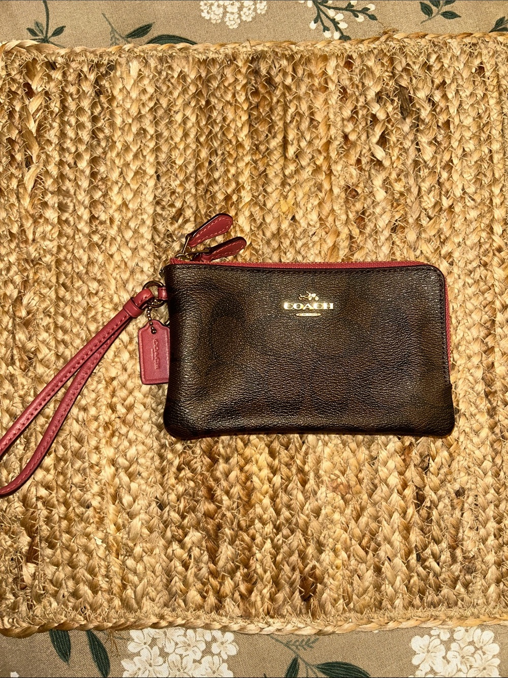 Coach Brown Wristlet with Pink Trim